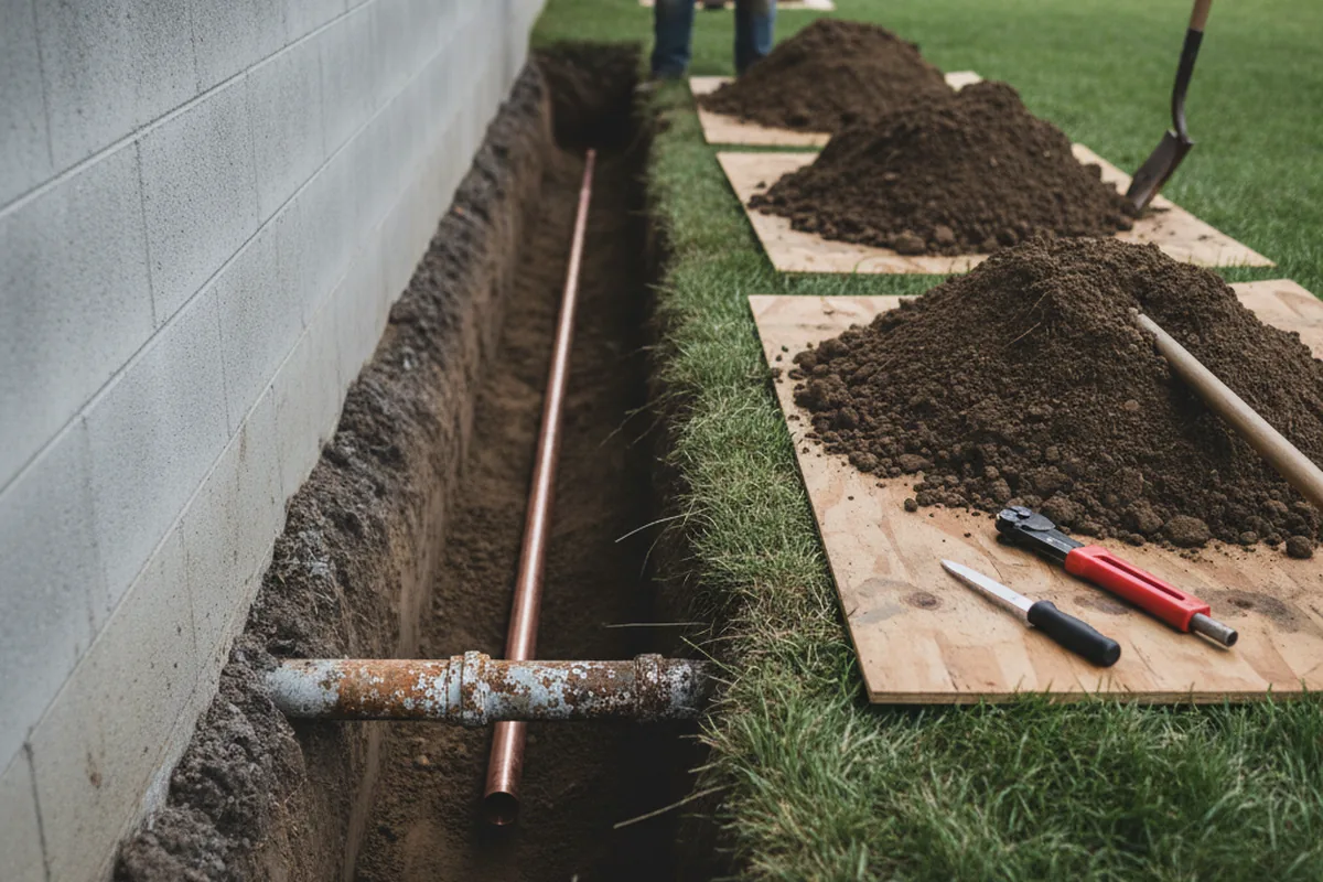 Excavated water line trench during Water Heater Repair in Pease